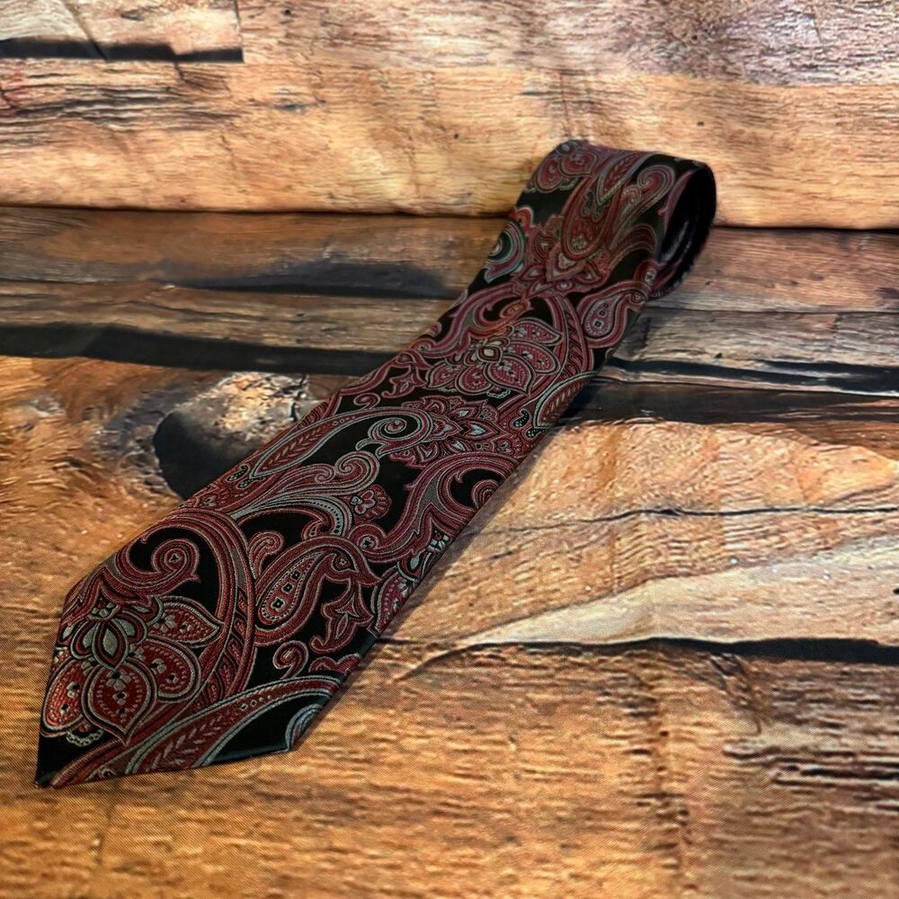 Stafford Essentials Men’s Tie Black Red Gray Paisley Polyester Classic